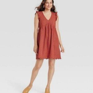 Knox Rose Womens Dress Sleeveless Ruffle Eyelet V-Neck High Waist Desert Red S